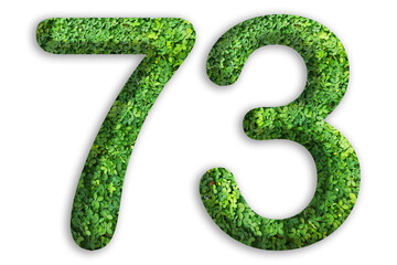 3d of the number of 73 is made from green grass on white background, go green concept