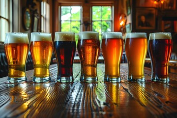 Assorted Craft Beer Glasses in a Rustic Pub Setting for Beverage and Hospitality Design