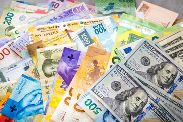 Bundle of money from around the world. Financial concept, currency markets, banking sector, money...