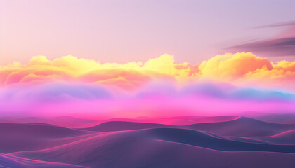 Vibrant, surreal landscape with colorful clouds and soft pastel hues, evoking a dreamlike atmosphere at dawn or dusk.
