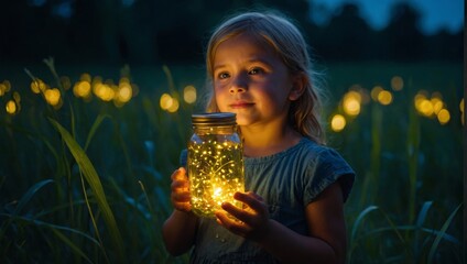 Magical Evening: Child Discovering Fireflies in a Jar
