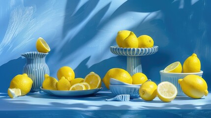 Yellow and blue themed Lemon assortment set against a blue backdrop