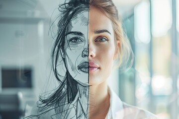 Creative Duality: A professional woman, depicted in a split-screen image. The right side shows a sharp photo, while the left transitions to a meticulous pen-and-ink sketch.
