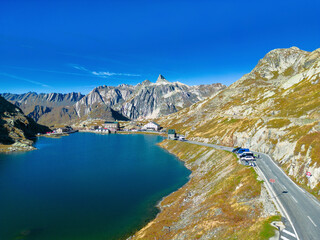 Aerial view of Lac des Toules with mountain peak forms, Passhohe, Switzerland.