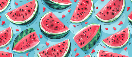 Seamless pattern of illustrated watermelon slices with hearts on a vibrant blue backdrop