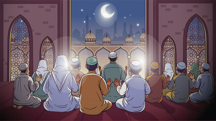 Muslims praying, in mosque, cartoon © Abuelnaga