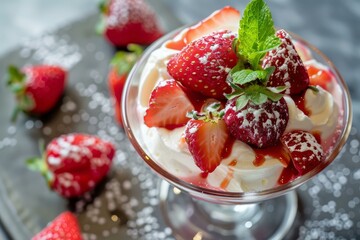 Delectable strawberry dessert topped with cream and mint in an elegant glass, on a dark background
