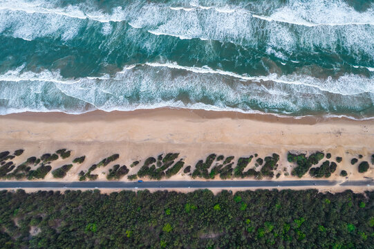 Aerial view of beautiful Chandrabhaga beach on Bay of Bengal, Konark, Odisha, India.