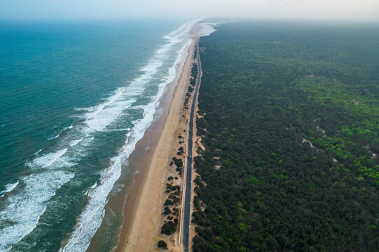 Aerial view of sandy Chandrabhaga beach along Bay of Bengal, Konark, Odisha, India.