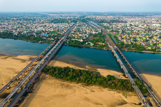Aerial view of Mahanadi Bridge over Mahanadi River, Cuttack, Odisha, India.