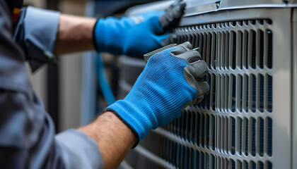 A worker in blue gloves adjusts an air conditioner unit with a screwdriver, highlighting technical precision and skill