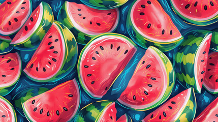Colorful watermelon slices pattern on blue background