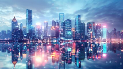 Obraz premium Skyline of a futuristic city, with sleek buildings and neon glow reflecting off the glass