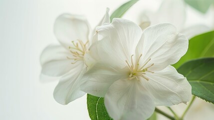Delicate petals and fresh leaves on a white flower