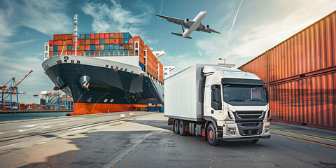 container truck positioned at a dockyard, ready for loading or unloading, with a massive container ship docked nearby. An airplane flies overhead, emphasizing the global reach and