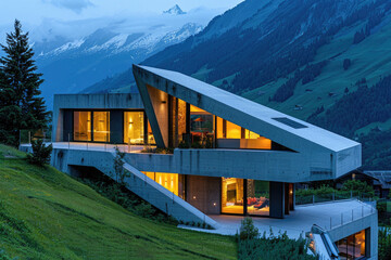 modern house in the Alps, made of concrete and wood, architecture photography, night time, lights on inside, green grassy lawn with trees and shrubs, mountain range behind it