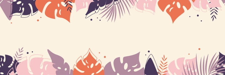 Vector seamless border with tropical plants. Natural frieze with bushes of greenery isolated from the background.