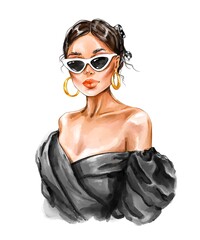 Watercolor beautiful fashion woman in sunglasses. Stylish woman look. Fashion illustration 