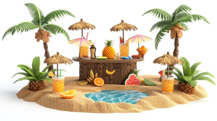 Obraz premium A 3D cartoon mini island with a beach bar setup, including a tiki bar with a smiling face, serving fruity drinks with little umbrellas, isolated on white background