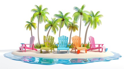 Obraz premium A 3D cartoon mini island featuring a series of colorful beach chairs, each with its own playful expression, lined up along the shore, isolated on white background