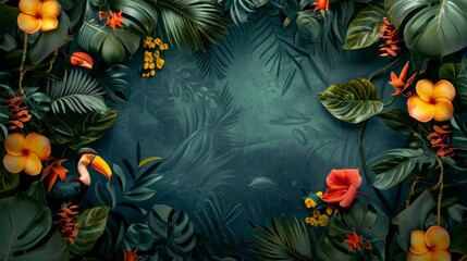 Vivid scarlet macaws perched on branches surrounded by lush tropical foliage and bright orange flowers in a vibrant jungle scene.