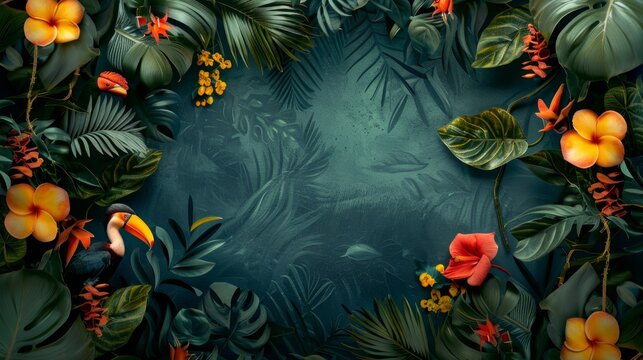 Vivid scarlet macaws perched on branches surrounded by lush tropical foliage and bright orange flowers in a vibrant jungle scene.