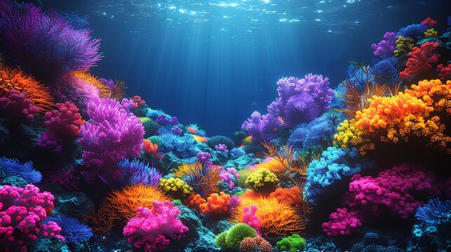 Neon glow background, underwater scene, glowing marine life, bright neon corals, high contrast, vibrant ocean colors, futuristic aquatic, digital art