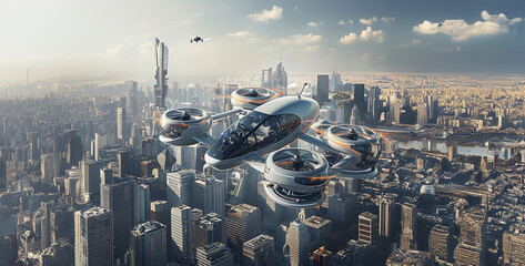 A autonomous flying vehicles or personal air taxis navigating urban skies, offering efficient and...