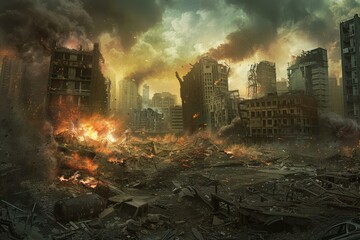 Apocalyptic urban destruction scene with catastrophic event. Ruins. Fire. Smoke. And devastation in the cityscape. Depicting a postapocalyptic landscape of dilapidated buildings. Warzone