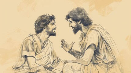 Biblical Illustration of Jesus Raising Son of Widow of Nain, Young Man Sits Up and Speaks, Beige Background, Copyspace