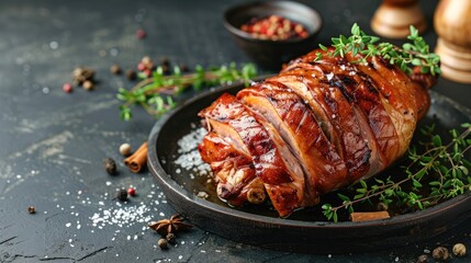 Tasty smoked pork or chicken with a blend of salt spices and herbs on a dark concrete surface
