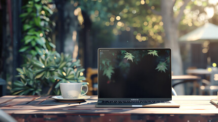 open laptop on a wooden table with a potted plant and flowers on the table. The background is blurred.