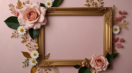 Pink floral background with gold frame and flowers, creating an elegant and feminine aesthetic.