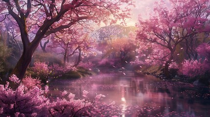 Delicate cherry blossoms adorning tree branches, creating a picturesque scene of springtime beauty.