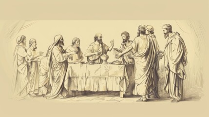 Obraz premium Parable of Great Banquet, Master Inviting Poor, Crippled, and Blind, Biblical Illustration, Beige Background, Copyspace