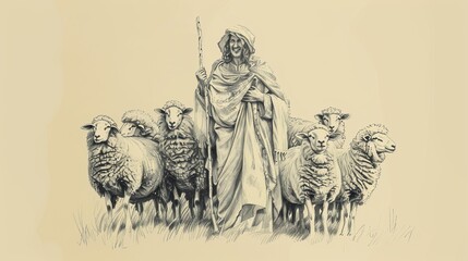 Parable of Lost Sheep, Shepherd Rejoicing After Finding One Lost Sheep, Biblical Illustration, Beige Background, Copyspace