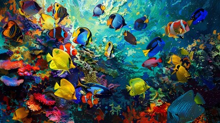 A colorful array of tropical fish congregating around a vibrant coral reef, their dazzling hues...