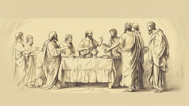 Parable of Great Banquet, Master Inviting Poor, Crippled, and Blind, Biblical Illustration, Beige Background, Copyspace