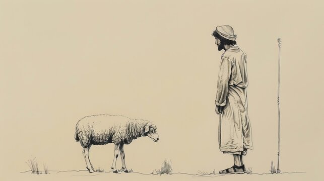 Parable of Lost Sheep, Shepherd Rejoicing After Finding One Lost Sheep, Biblical Illustration, Beige Background, Copyspace