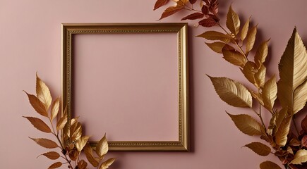  Golden leaves and gold frame on a pink background, elegant and luxurious autumn decor.