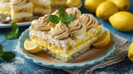 Lemon Tiramisu, adorned with zesty lemon zest and creamy mascarpone layers, tempting the taste buds with its citrusy sweetness.