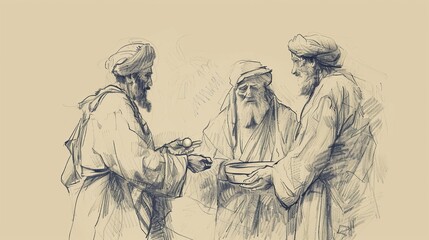 Parable of Great Banquet, Master Inviting Poor, Crippled, and Blind, Biblical Illustration, Beige Background, Copyspace