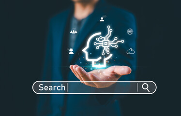 SEO Search Engine Optimization concept. Businessman touch AI, SEO icon on websites to rank search engines or SEO. Search with Ai assistant, search on screen. Artificial Intelligence data technology