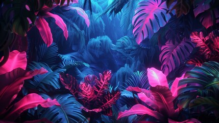 A leopard camouflaged among neon-lit tropical leaves and flowers is depicted in a vibrant digital illustration under a starry sky.