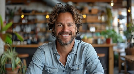 Obraz premium Smiling bearded man sitting in a cozy coffee shop, surrounded by plants and a warm atmosphere. Casual and friendly ambiance.
