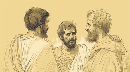 Fototapeta premium Biblical Illustration of Peter Confessing Jesus as Christ, Son of Living God, Near Caesarea Philippi, Beige Background, Copyspace
