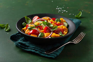 healthy vegetarian tomato sweet corn salad with cucumber and basil