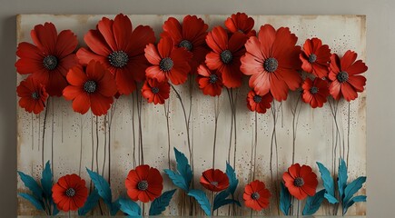 A wall art piece featuring vibrant red flowers, adding a decorative touch to any space.