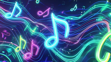 Abstract digital music background with neon notes and colorful glowing lines.