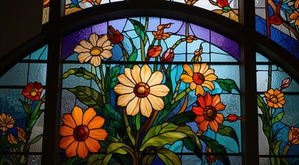 A vibrant stained glass window showcasing an intricate flower design, adding beauty and color to the surroundings.